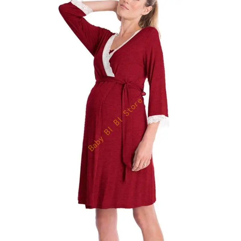 Pregnant Women Maternity Robe Nightgown Sleepwear with Adjustable Belt Nursing Breathable Cotton Pajama Dress 11UC
