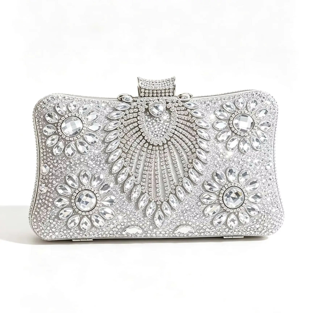 Peacock Full Diamond Silver Evening Clutch Bag with Detachable Chain, Shiny Dress Bag for Wedding Party