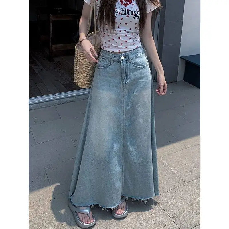 Retro High Waist Washed Denim Mini Skirt for Women plus Size Summer Fashionable Slimming Belly Covering Skirts