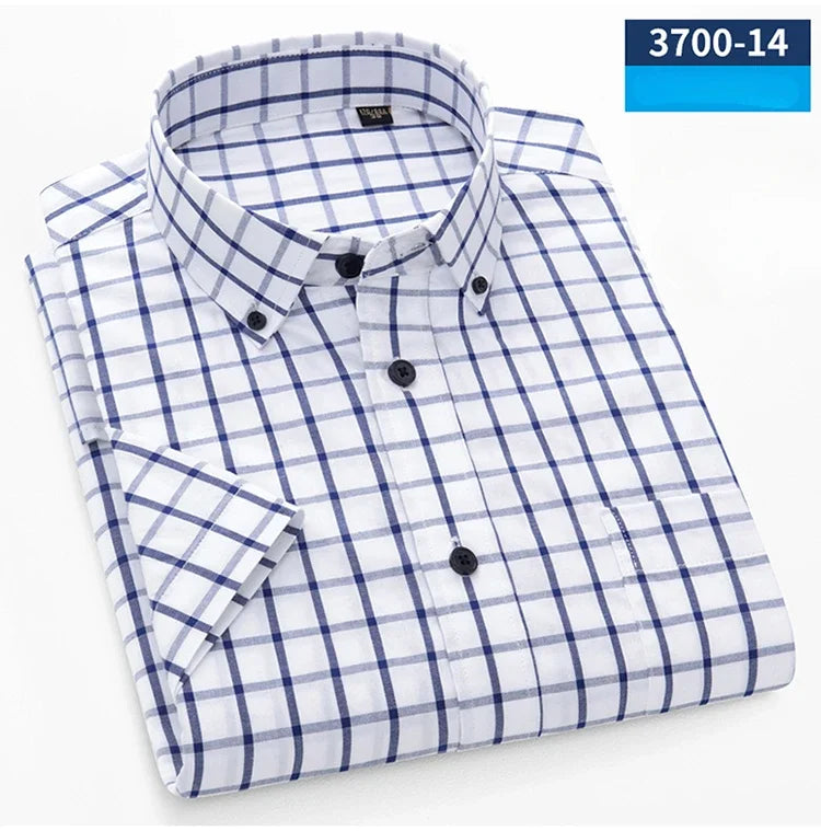 New In Shirt Summer 100%Cotton Short Sleeve Shirts for Men Slim Fit Formal Plain Shirt Designer Plaid Korean Popular Clothes