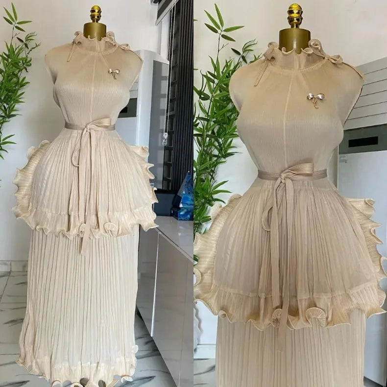 EGRM 2025 Summer New Pleated Dress Women's Solid Sleeveless Ruffles Lace Bottom Skirt with Belt Fashion Female Dresses 9R5618