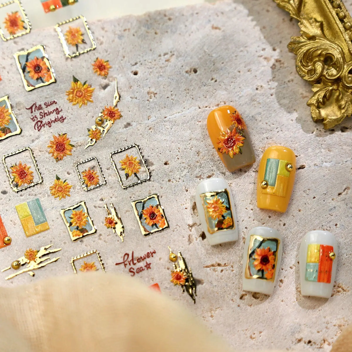 Gold Stamped Frame Oil Painting Style Sunflowers Metal Bead 3D Self Adhesive Nail Art Stickers Autumn Manicure Decals Wholesale