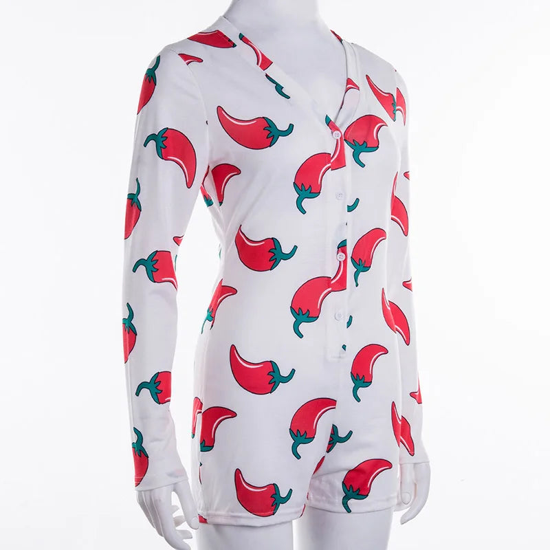 Women Long Sleeve Low Cut Bodycon Sleepwear Spicy Print Short Romper Pajamas Overalls Spring Autumn Housedresses