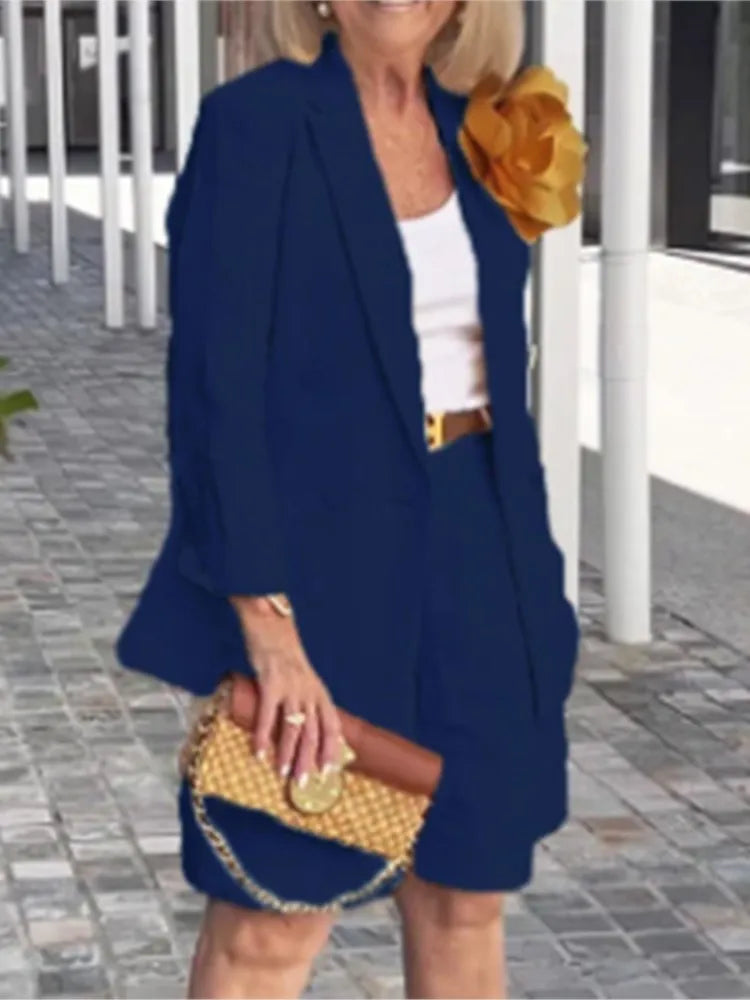Summer New Solid Color Long Sleeve Shorts For Women's Suit Set Stylish Cardigan Female Office Suit 2 Piece Set
