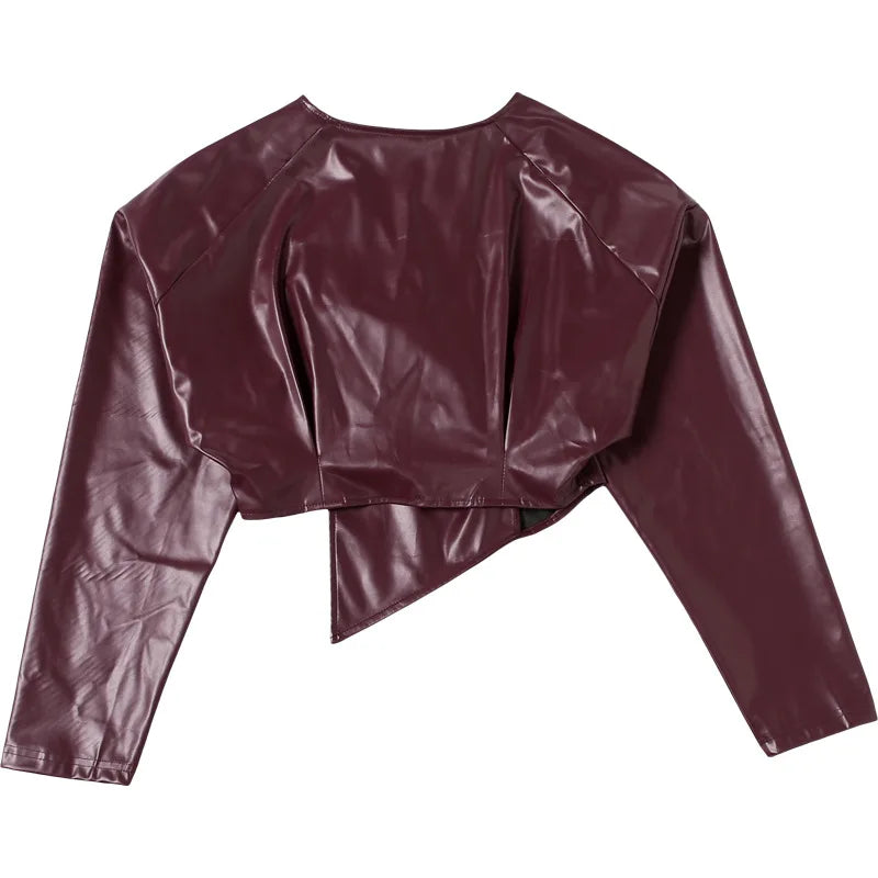 Joskaa 2025 Fall Women's PU Leather Jackets Fashion Solid Lapel Full Sleeve Slim Irregular Crop Coats Outerwear Y2K Streetwear