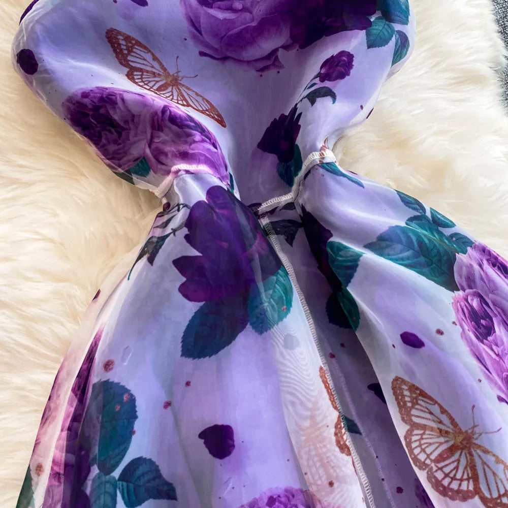 Spring Floral Series Holiday Dr Women's Summer High Waist Slim Fit Sexy Strapl Midi Length Belted Gown Korean Sle