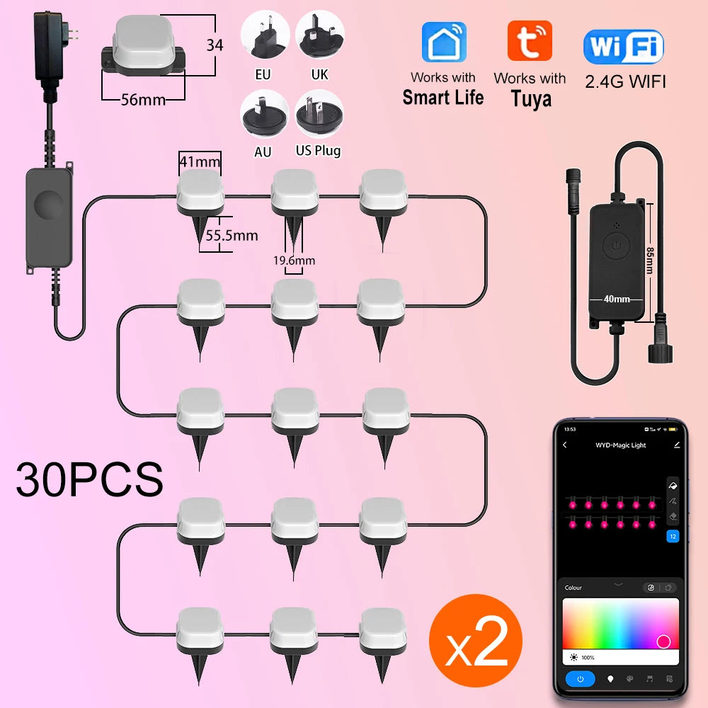 Wiscolor Smart Wifi RGB Lawn Light 30M 30Bulbs IP65 Outdoor Ground LED Light APP Control for Garden Lawn Courtyard