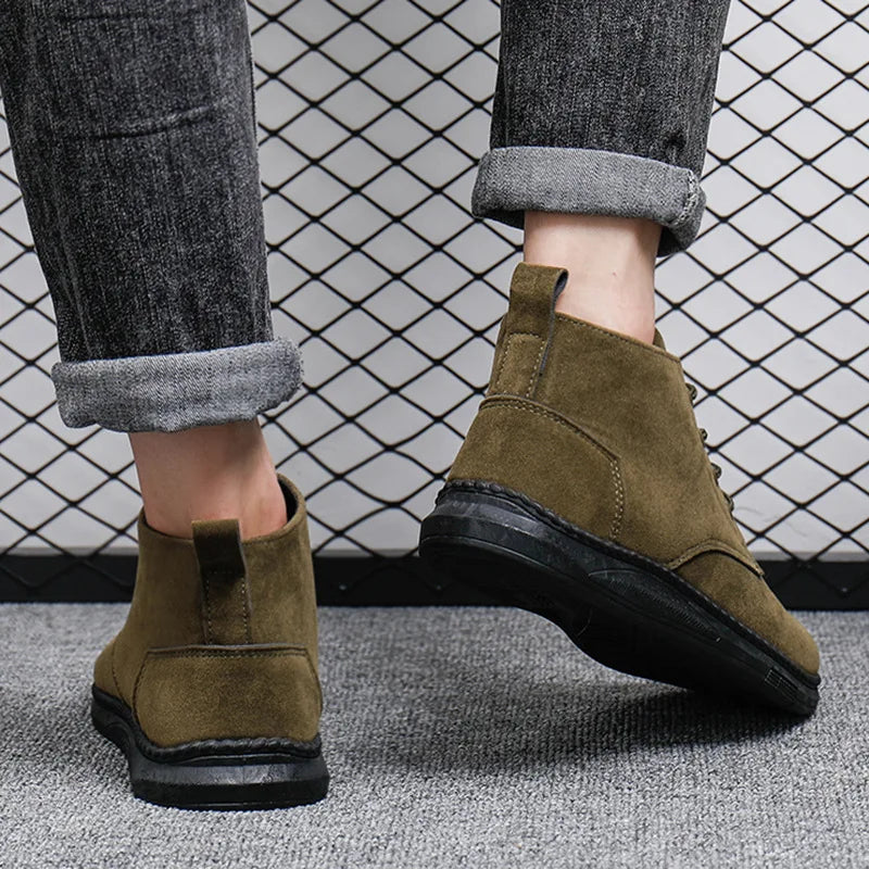 High Top Casual Grey Suede Shoes Men's Lace Up Black Flat Bottom Short Boots Men's Chelsea Boots High-quality Brand Denim Boots