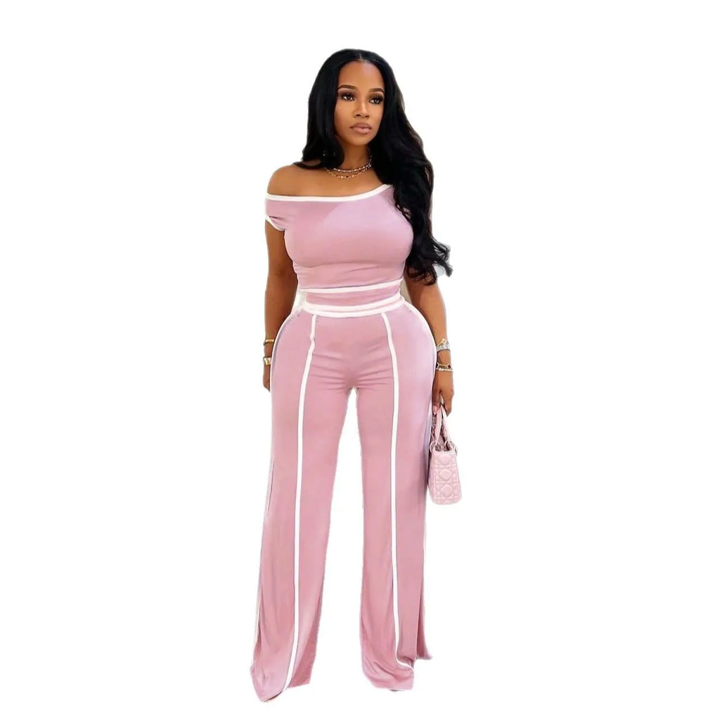 Casual Women's Solid Color Set with Diagonal Shoulders and Wide Legs, Two Piece Set, Summer 2025