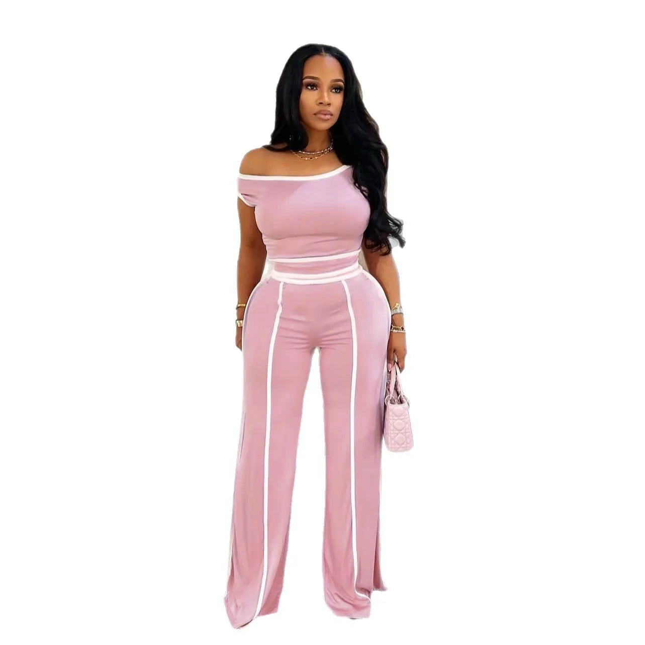 Casual Women's Solid Color Set with Diagonal Shoulders and Wide Legs, Two Piece Set, Summer 2025