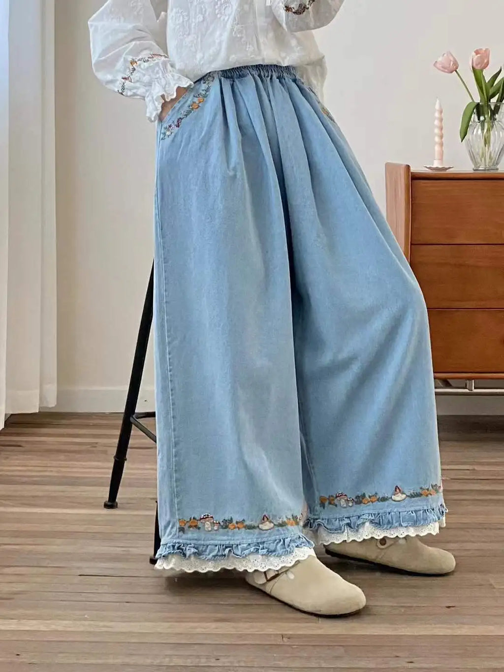 New 2025 Fall Cotton Denim Trousers, Women Elastic Waist Embroidery Ruffles, Mori Girl French Retro Chic Wide Leg Jeans B59422CC