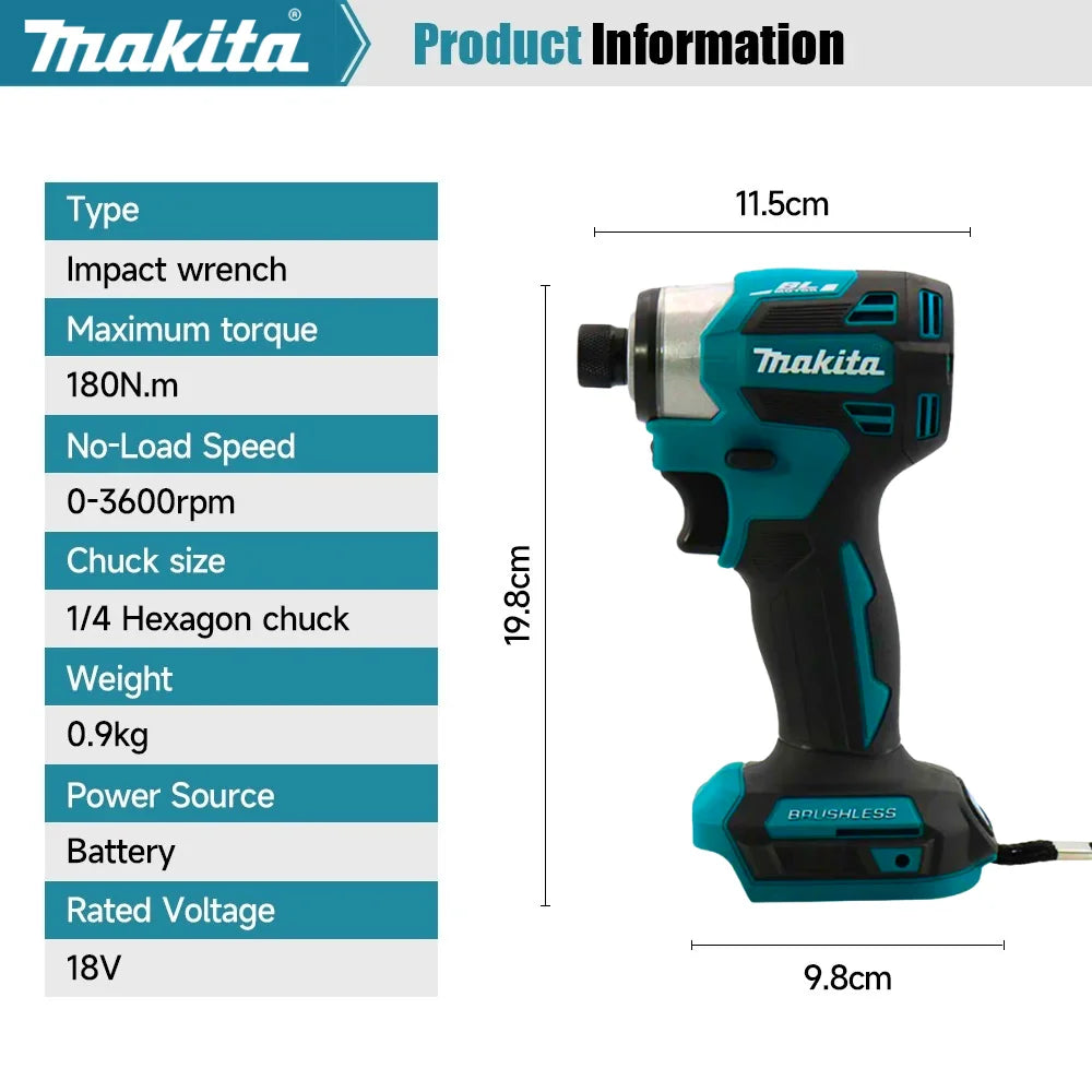 Makita 18V DTD173 Brushless Electric Drill 180Nm Cordless Impact Driver for Home Improvement And DIY Wood/Bolt/T-Mode Power Tool