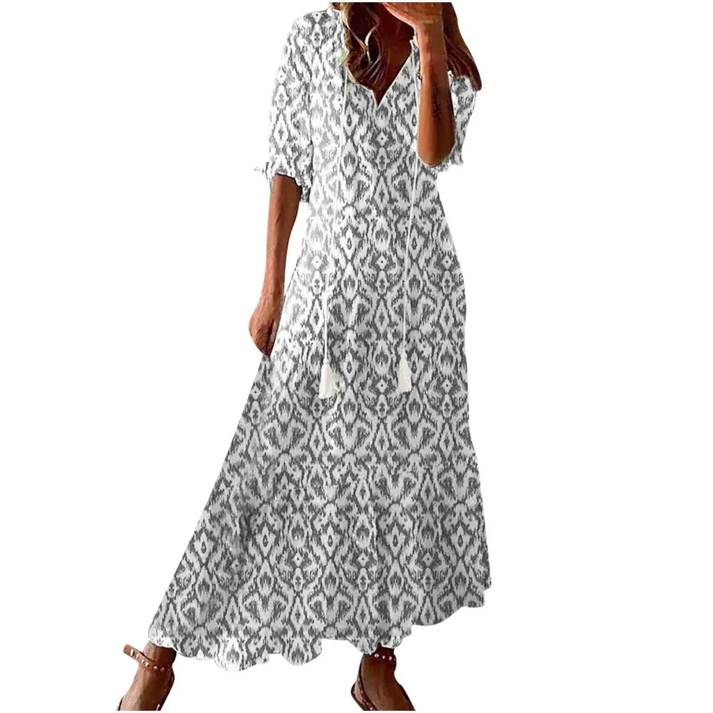 FALL Summer New 2026 Women's Casual Sweet Loose Sexy V-neck Drawstring Fashionable Printed Long Sleeved Boho Bohemian Dresses