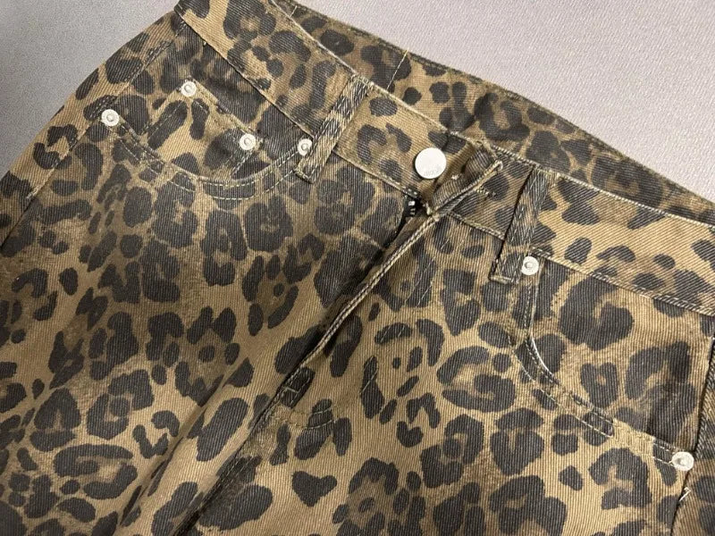 American Retro Leopard High Waist Baggy Jeans Women's Casual Pockets Hip-hop Pants 2024 Spring Y2K Oversiz Panther Denim Trouser