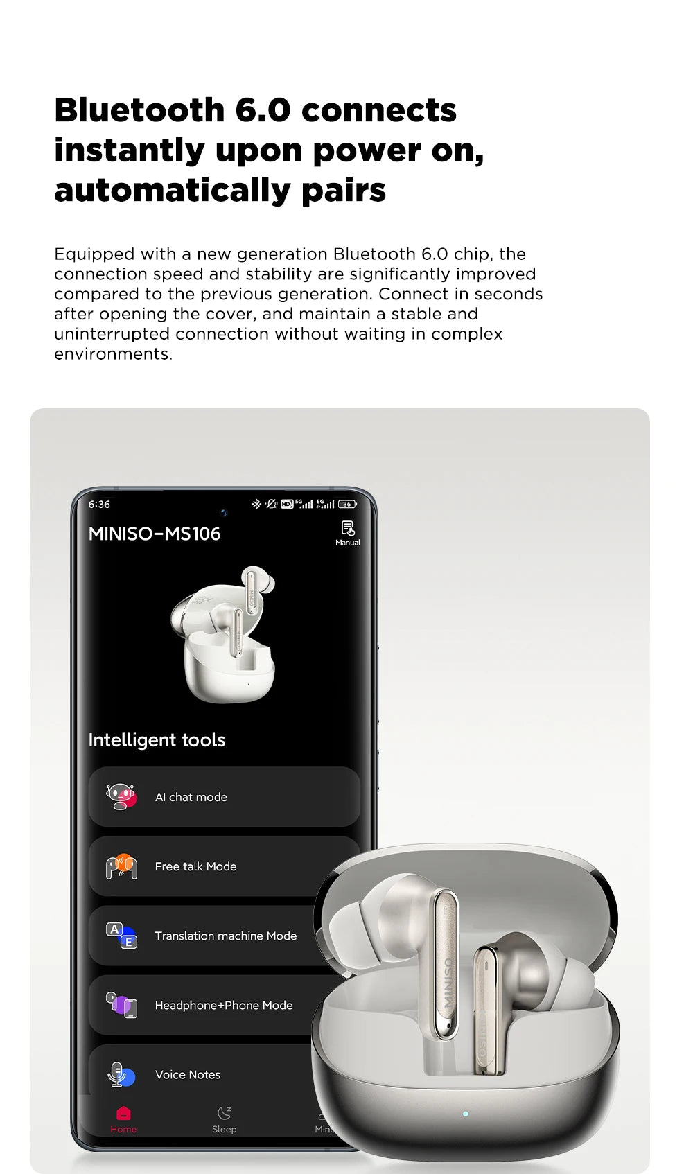 MINISO MS106 Bluetooth Earphones  AI Translator Earbuds TWS Ear Clip Sports Earphones Noise Reduction Wireless Headphones