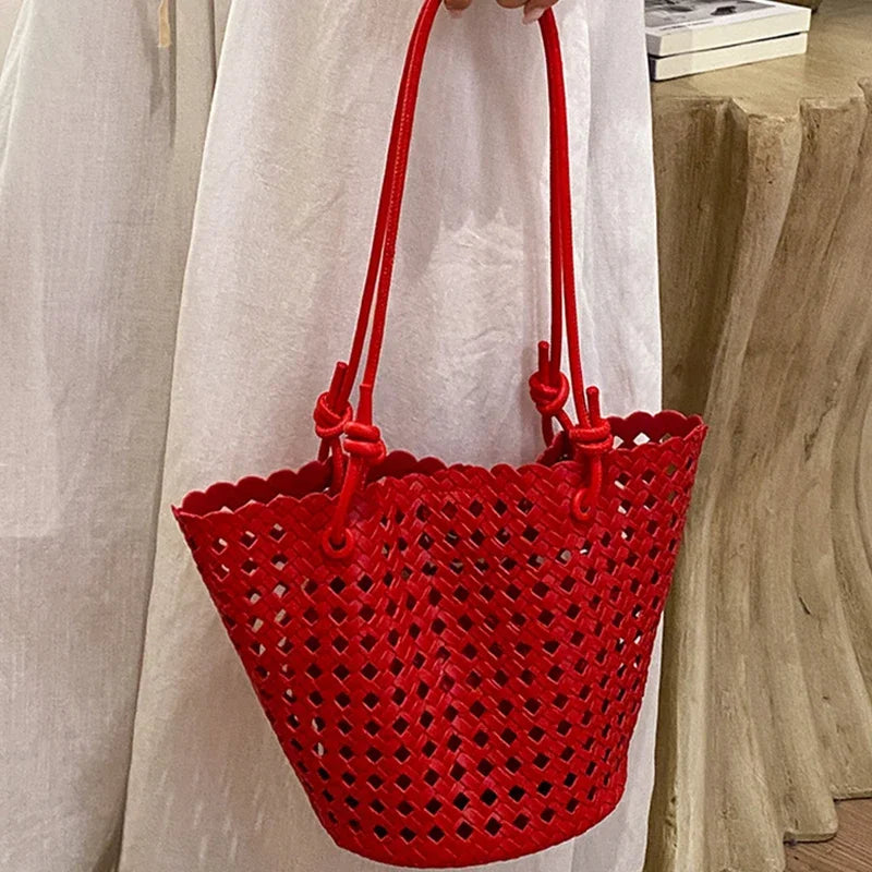 Hand-woven Openwork handBag With Zipper Inner Pocket,summer Pu Leather Beach Bucket Bags,large Capacity Simple Shopping handBag