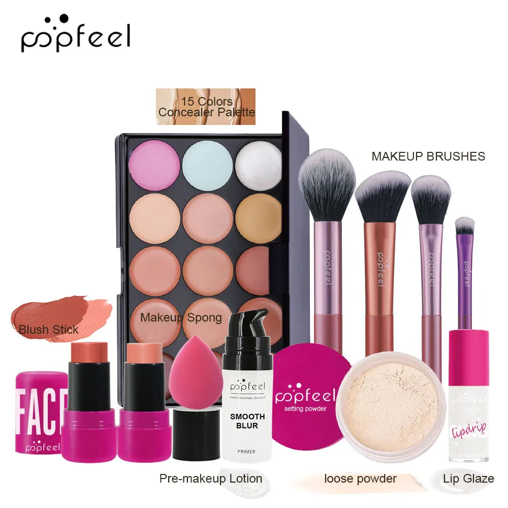POPFEEL Face Makeup Kit, Waterproof and Sweatproof, Includes Concealer, Primer, Loose Powder, Blush, and More, Ideal for Beginne