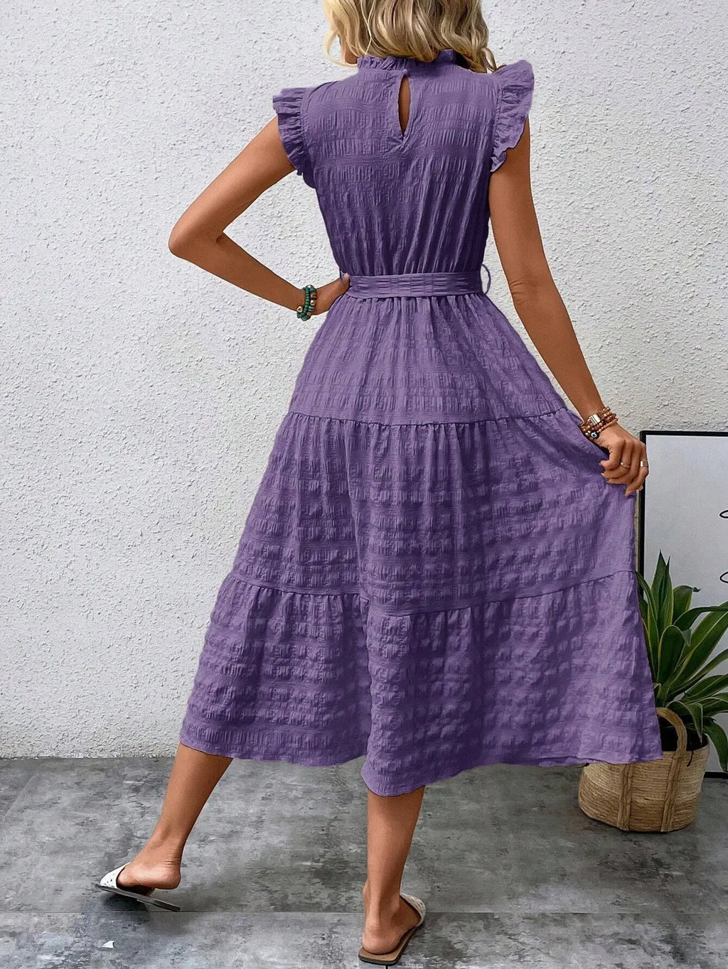 Elegant Women's Summer New Fashion Wooden Ear Edge Flying Sleeve Lace Up Texture Dress Purple  Sleeveless Lace Up Long Dresses