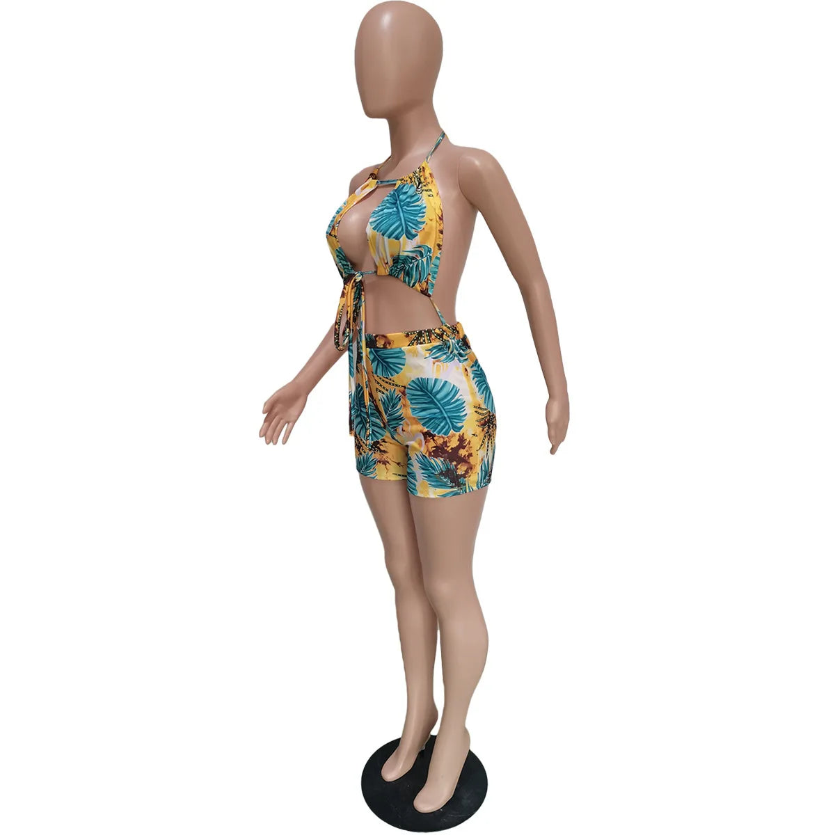 Women Rompers Outfit Halter Neck Cutout Crop Top Tie Front High Waist Biker Shorts Tie-Dye Design Summer Beach Short Jumpsuit