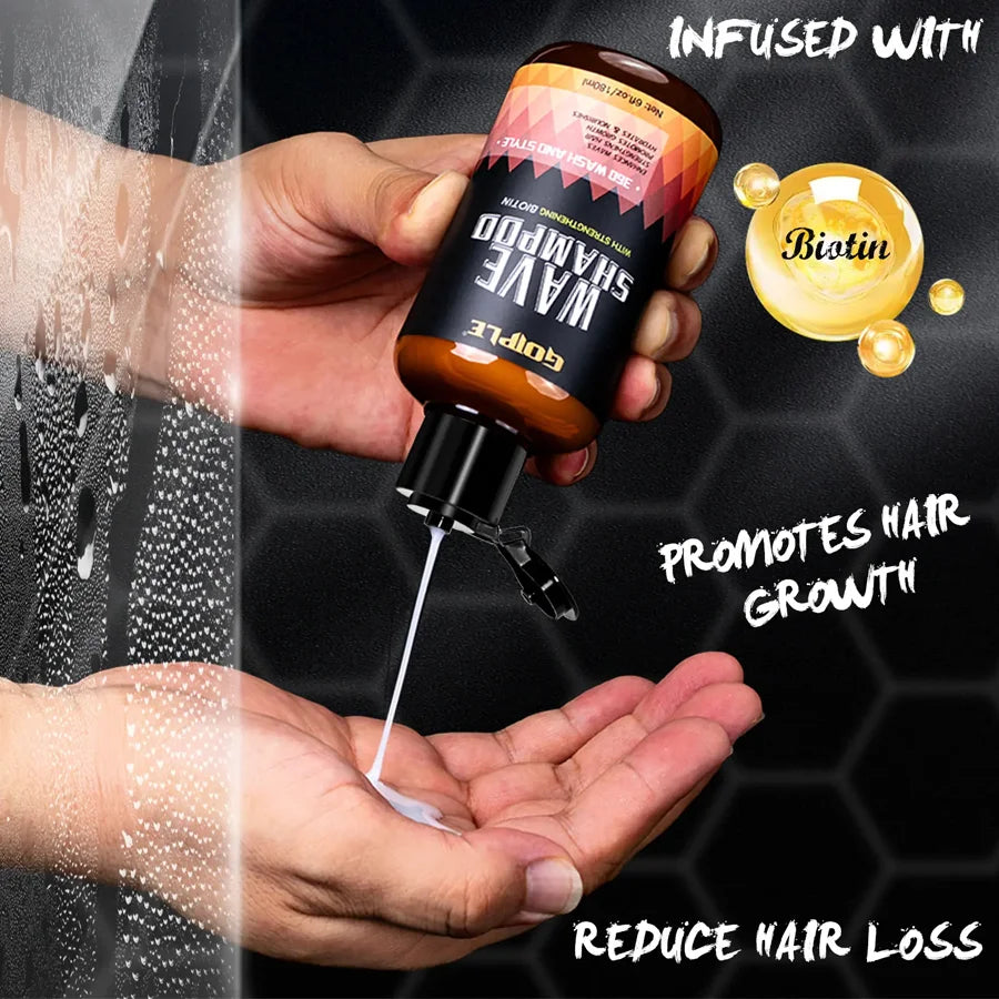 GOIPLE 180ml Wave Shampoo Deep Clean or 113g 360 Style High Shine Hair Pomade Strong Hold Layered Control Wavy Wax Cream for Men