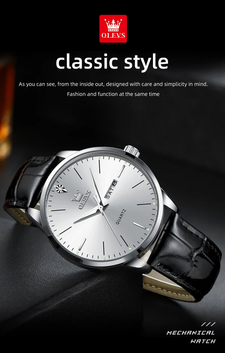 OLEVS 2935 Business Casual Men's Watch Waterproof Leather Strap Luxury Brand Date Week Temperament Trend Quartz Men's Watch