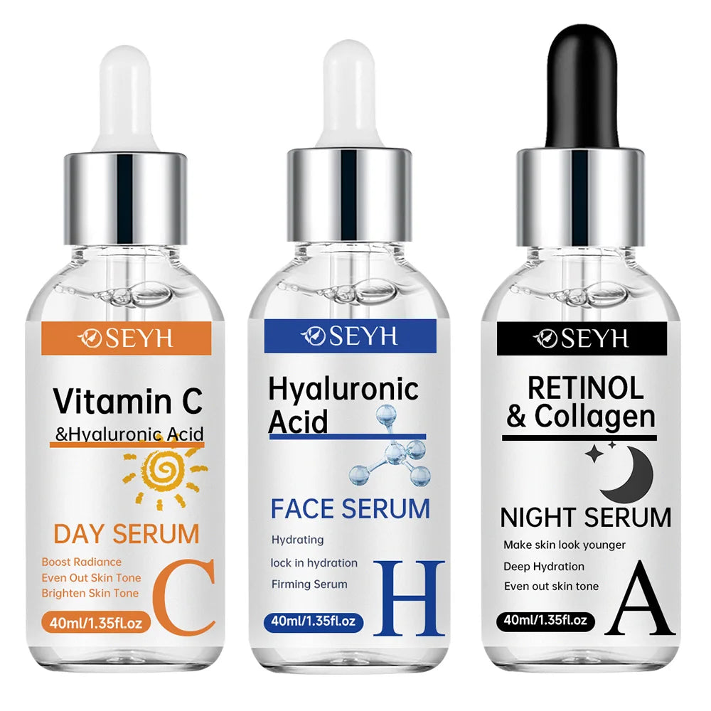 SEYH 3-Piece Set Day & Night Vitamin C + Retinol + Hyaluronic Acid with Collagen Aloe Vera Niacinamide Brightening Skin Tighteni