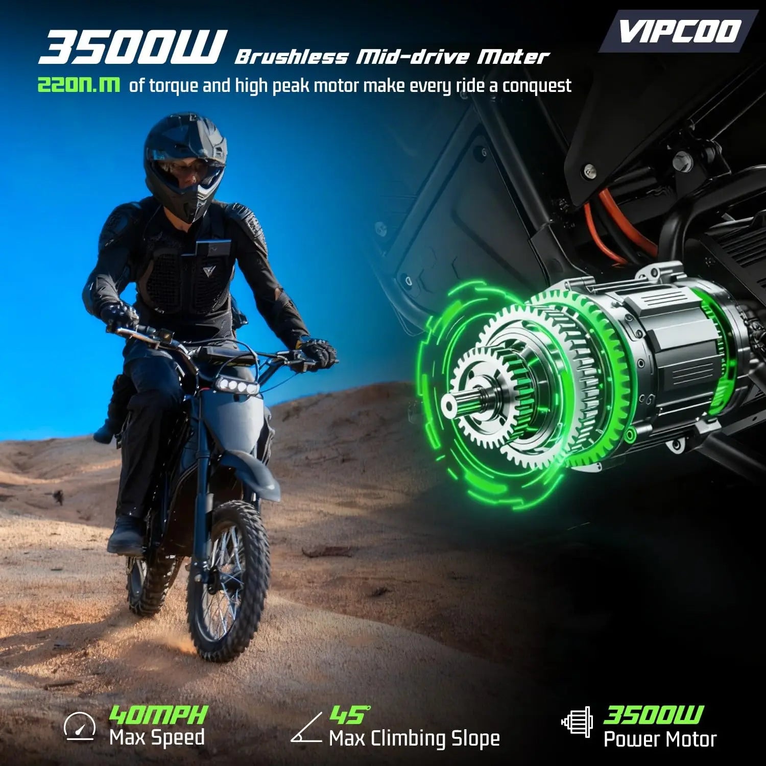 Electric Dirt Bike for Teens and Adults, 3500W Electric Motorcycle, Up to 40MPH / 45° Slope / 45 Miles Range,, Custom