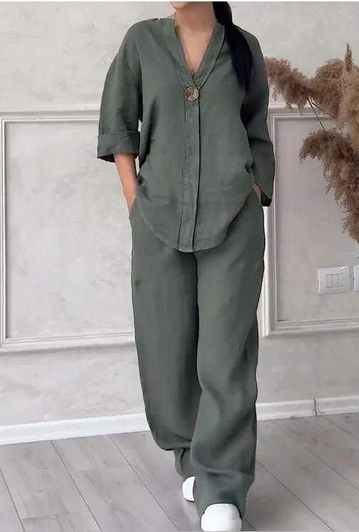 Spring Autumn Fashion Cotton And Linen Solid Two Piece Set Women Causal Loose V-neck Top Wide Leg Pants  2 Piece Sets Woman