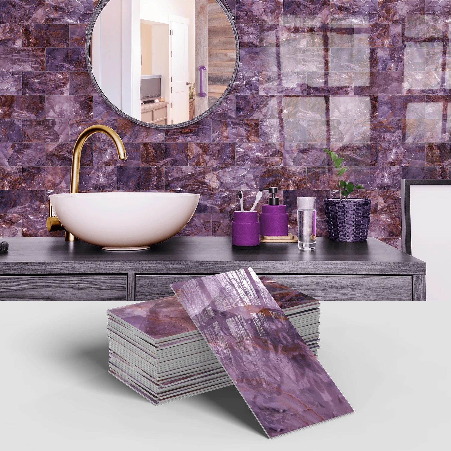 Marble Pattern Wall Sticker, 16/32/64pcs Peel & StickWall Decal, Waterproof Decorative Sticker For Home