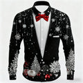 Red Christmas Shirts For Man Snowflake Bow Tie Christmas Shirt Long Sleeve Fashion Holiday Gift Shirt Oversized Mens Clothing