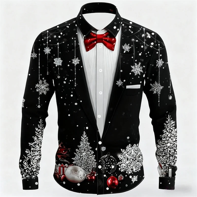 Red Christmas Shirts For Man Snowflake Bow Tie Christmas Shirt Long Sleeve Fashion Holiday Gift Shirt Oversized Mens Clothing