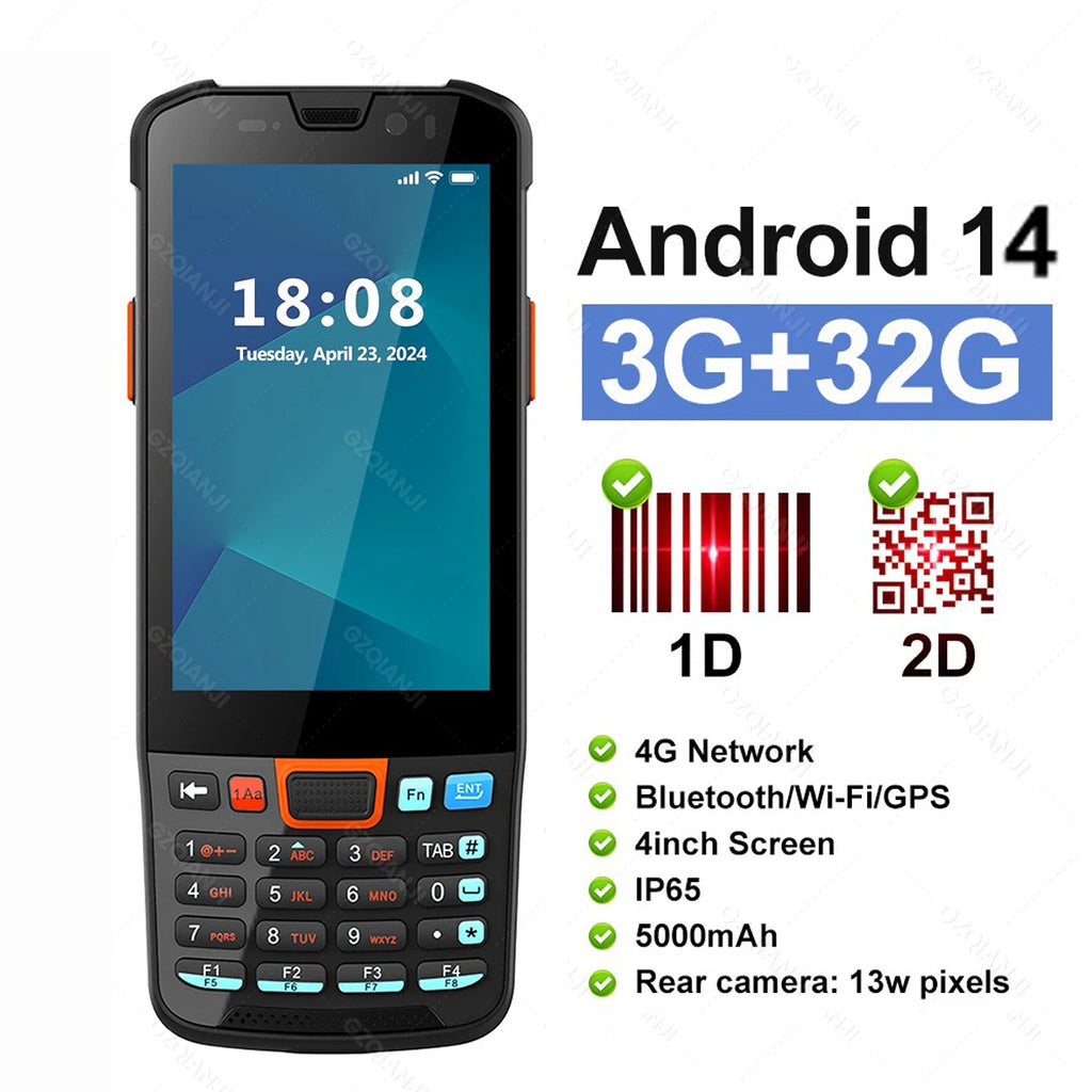 Android 14 Data Collector Wireless Wifi Bluetooth Handheld Terminal 1D 2D QR Barcode Scanner 3+32GB Running With Charger Station