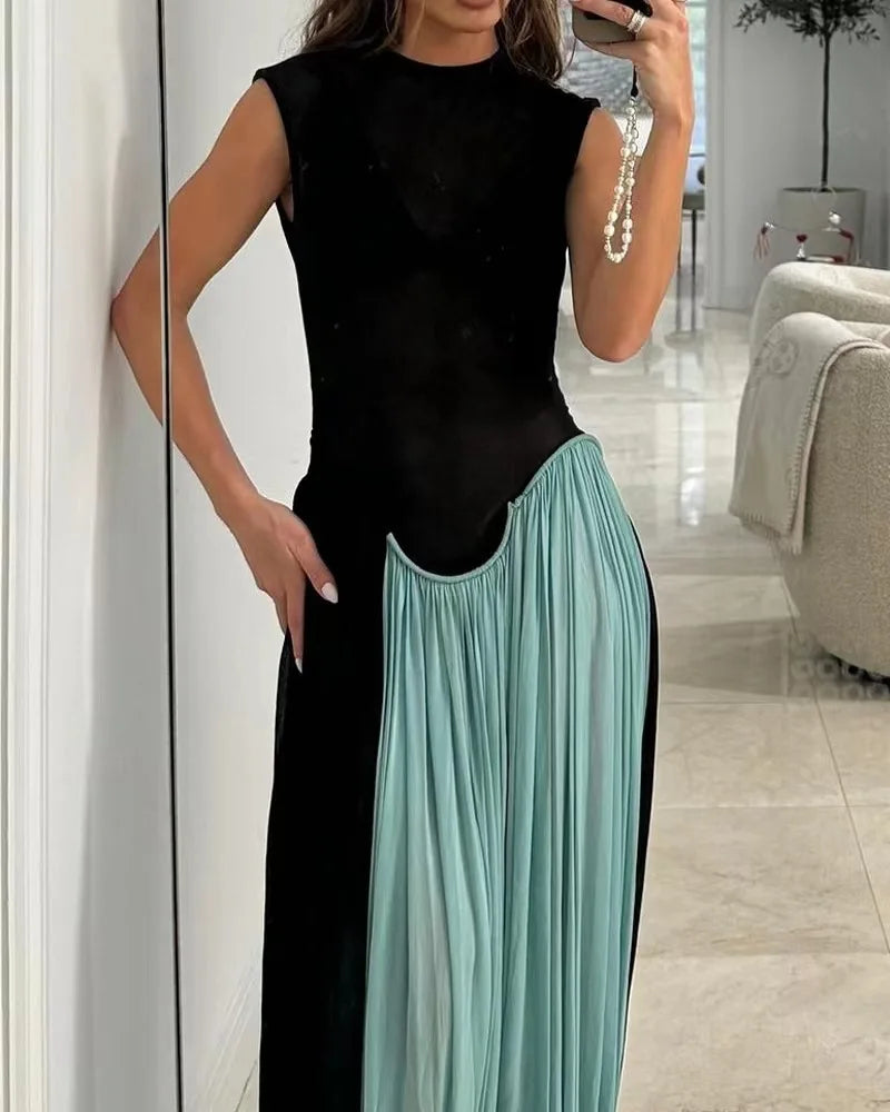DSMTRC Women Vacation Clothing Vestidos Elegantes Para Mujeres Black Mesh Sheer Patchwork Blue Long Luxury Dress For Summer