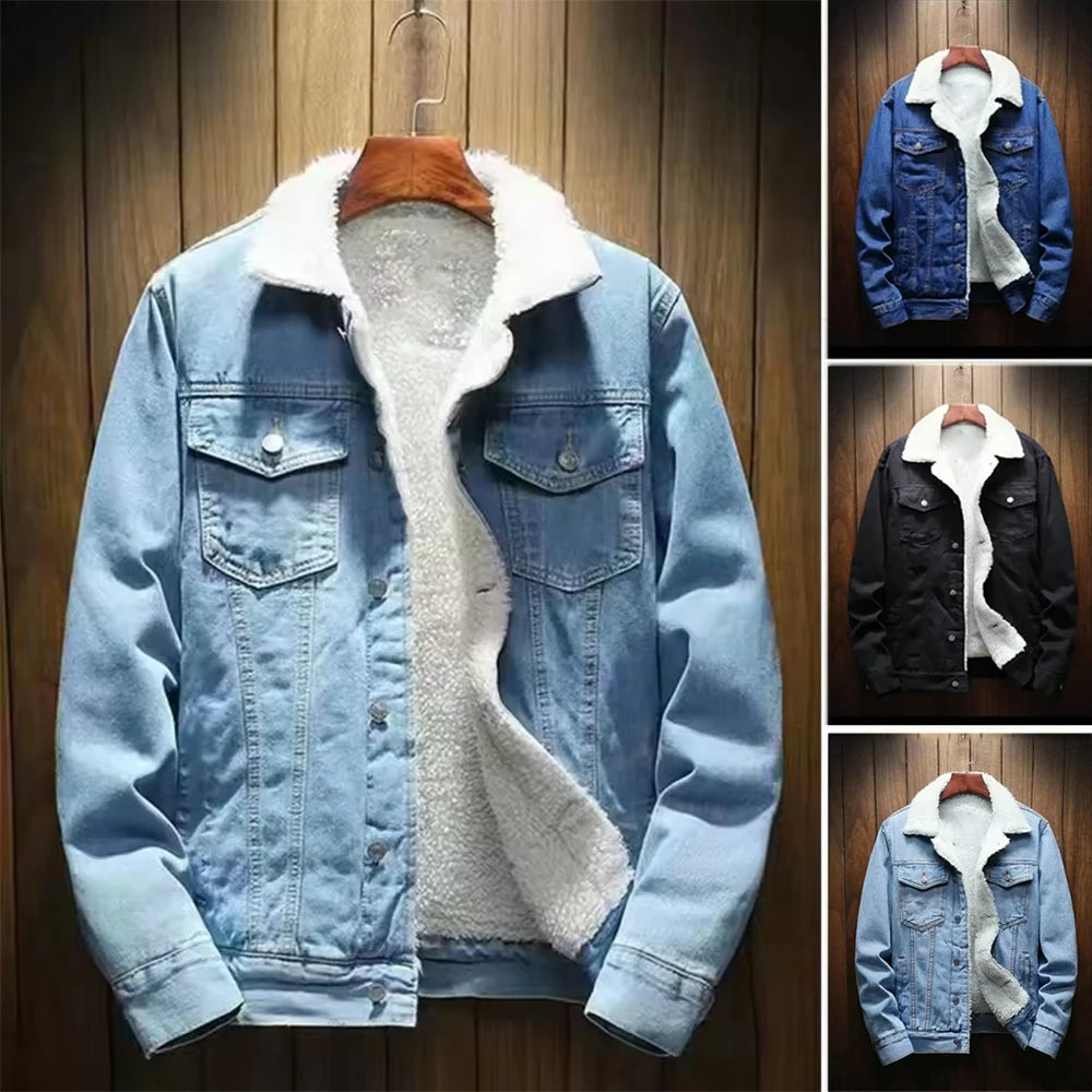 Streetwear Men Winter Jacket Denim Inner Fleece Thicken Winter Jeans Jacket Coat Men's Turn-down Velvet Jacket Mens Fur Parkas