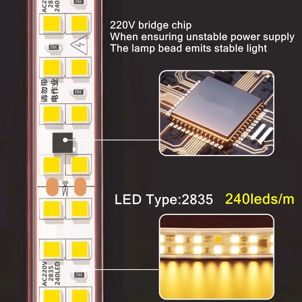 12MM Width SMD 2835 LED Strip 240LEDs/M AC220V Flexible Cuttable Soft Lamp IP68 Waterproof Warm/Neutral/White Light With EU Plug