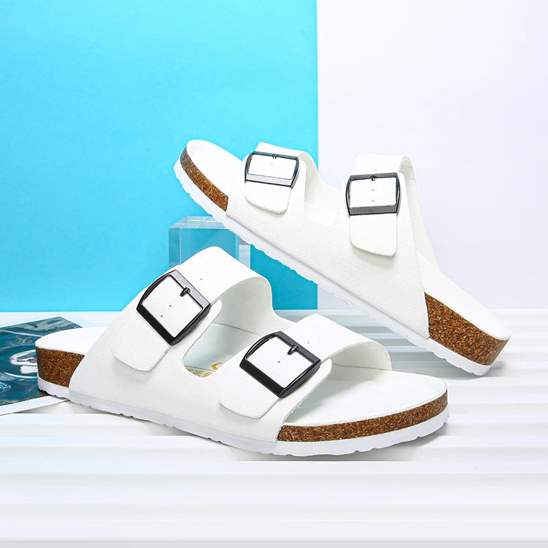 Summer Men Women Cork Slippers Clogs Microfiber Leather Slides Casual Slip On Sandal Double Buckle