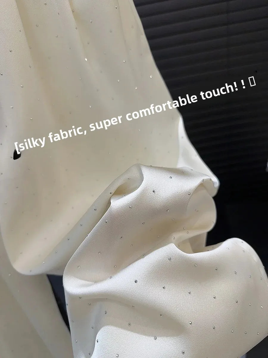 2026 High Quality Luxury Full Rhinestone Wide Leg Pants Fashion New Drawstring High Waist Straight Pants Ladies Casual Trousers