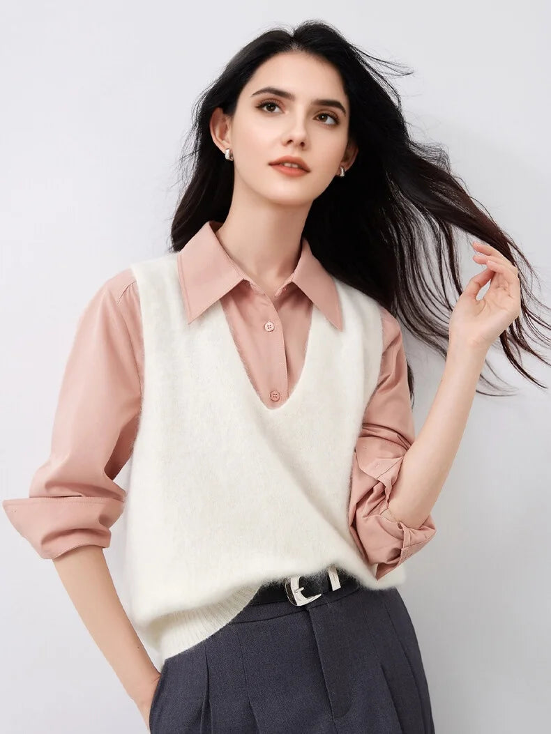 SuyaDream, Women Vests, Fleece Wool, V Neck, Chic Pullovers, 4.7%Cashmere 95.3%Wool, 2025 Fall Winter Sweaters, Tanks