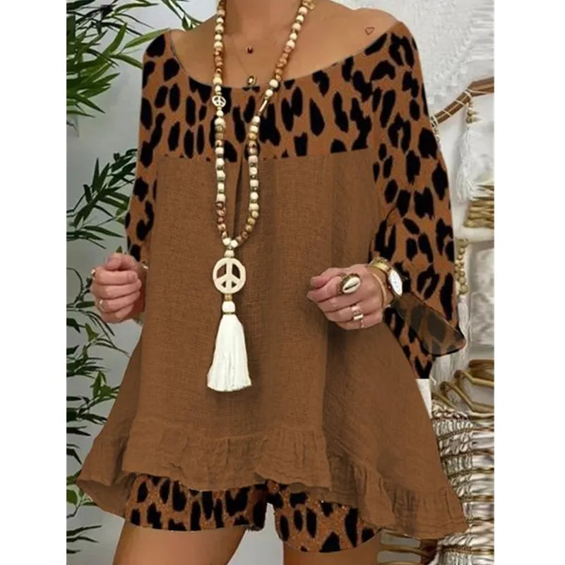 Linen Blouse Tops And Loose Shorts Suit Vintage Two Piece Set Print Sets Female Leopard Patchwork Outfit