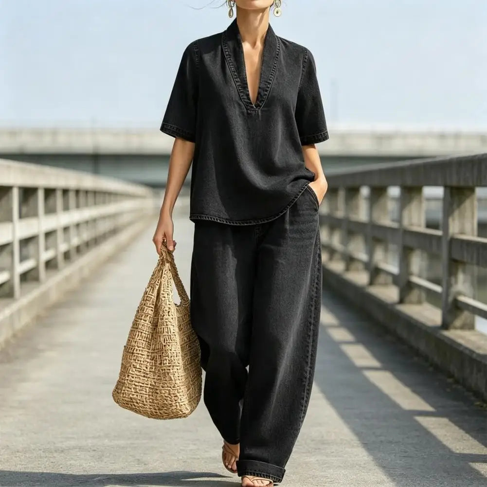 Women's Summer Denim 2 Piece Set Short Sleeve Lapel V Neck Top Wide Leg Pants Casual Vacation Tracksuit Outfits