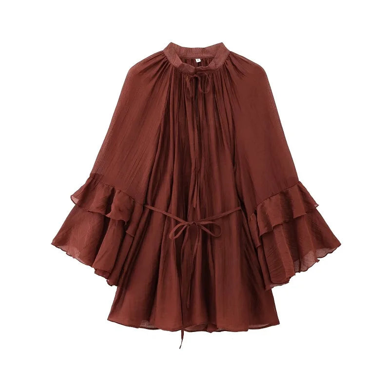 MUJER Ruffle Short Dresses for Women Fairy Ruched Mini Dress Women Spring Semi Sheer Womens Dresses Loose Party Women's Dress
