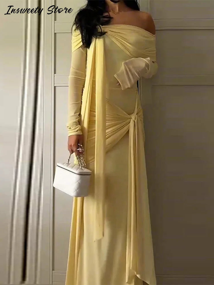 Elegant Solid Lace Up Dress Women's Off The Shoulder Long Sleeve Draped Dresses 2026 Spring New Female Chic Party Robes ﻿