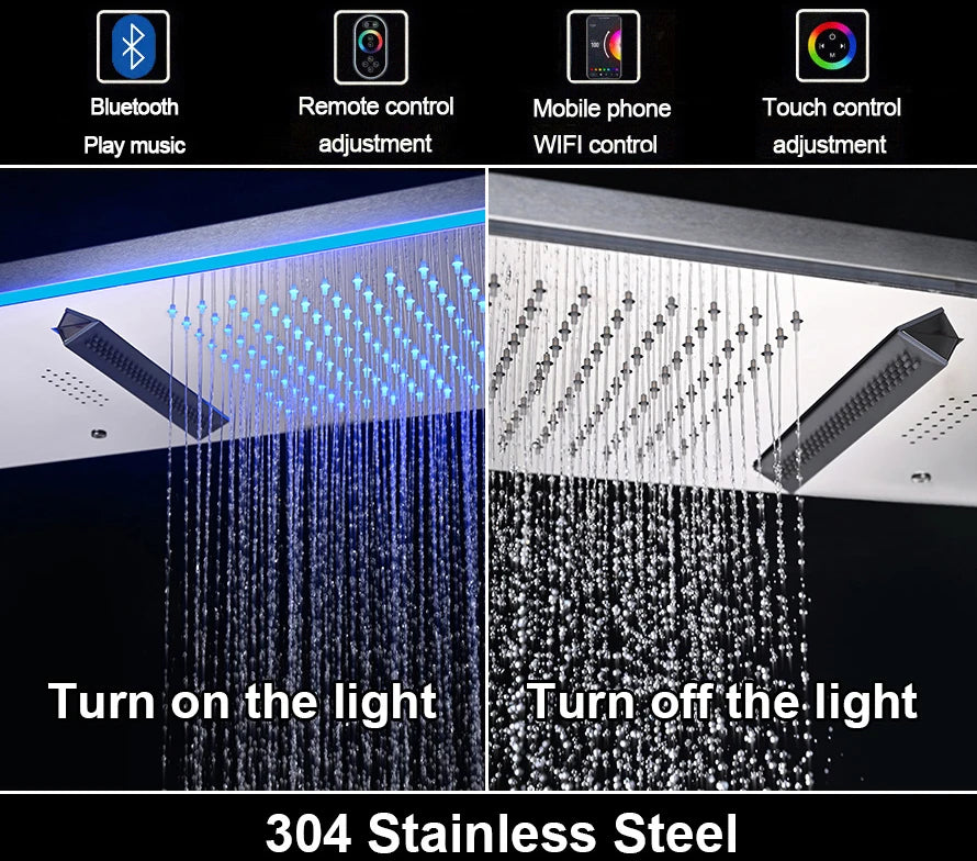 M Boenn 47*12 Inch LED lighting Large Black Shower Head Rainfall Bathroom Faucet Hot Cold Shower System Set Smart Showers Mixer