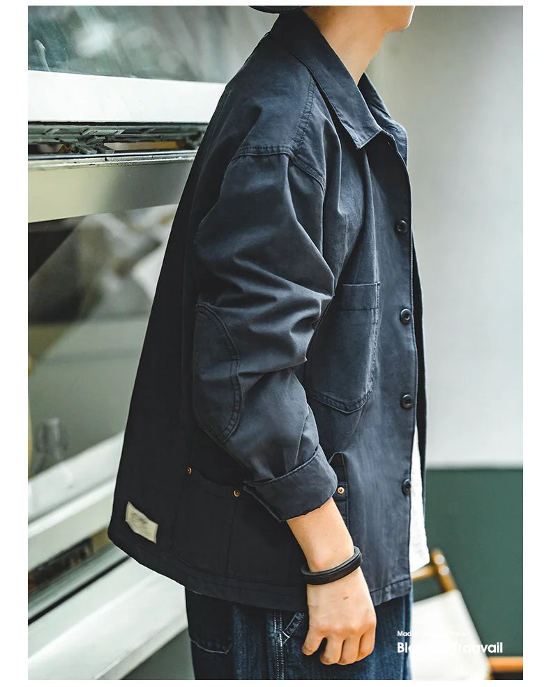 Maden Autumn Navy Blue Hunting Jacket for Men Turn-down Collar Asymmetrical Multipocket Cotton Casual Outerwear Coat Loose-fit