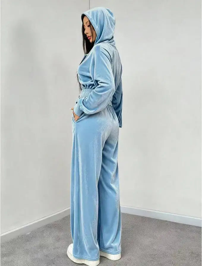 Women's Pink Velvet 2-Piece Activewear Set Zip Cropped Hoodie + Wide Leg Pants Fashionable Casual Waist Slimming Versatile Style