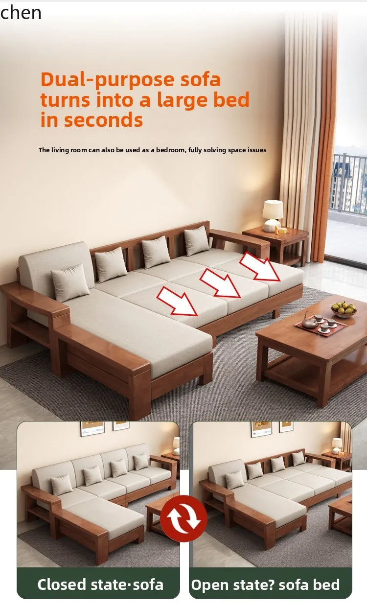 Solid Wood Sofa Living Room Home Use Full Solid Wood Furniture Set Small Apartment Dual-use Natural Wood Sofa Bed