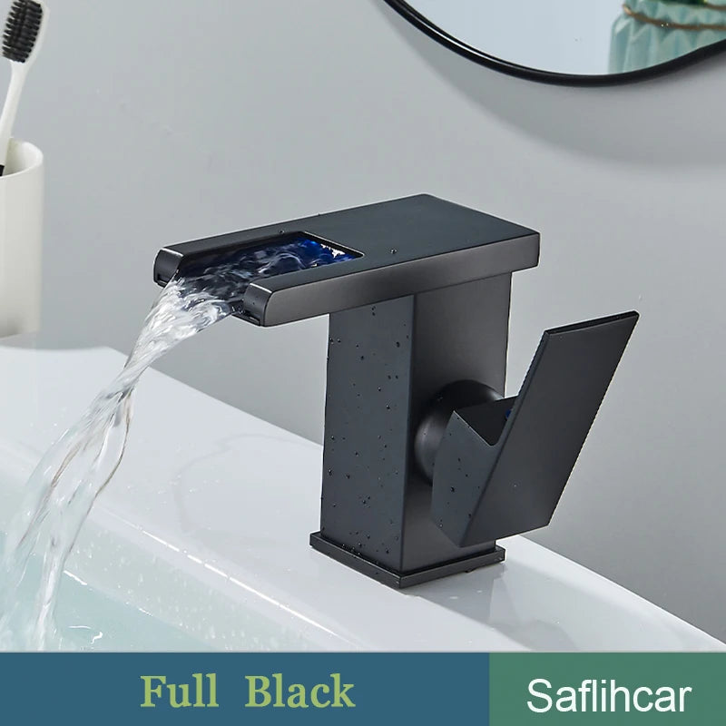 LED Black Basin Faucet Tall And Short Tap Bathroom Single Handle Cold and Hot Water Flow Produces Electricity
