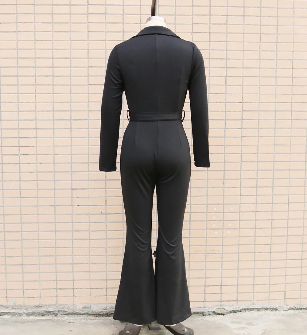 For Woman Jumpsuit High Waist Flare Leg Button Front Jumpsuits Solid Color Deep V Neck Romper Shirt Collar Long Jumpsuit