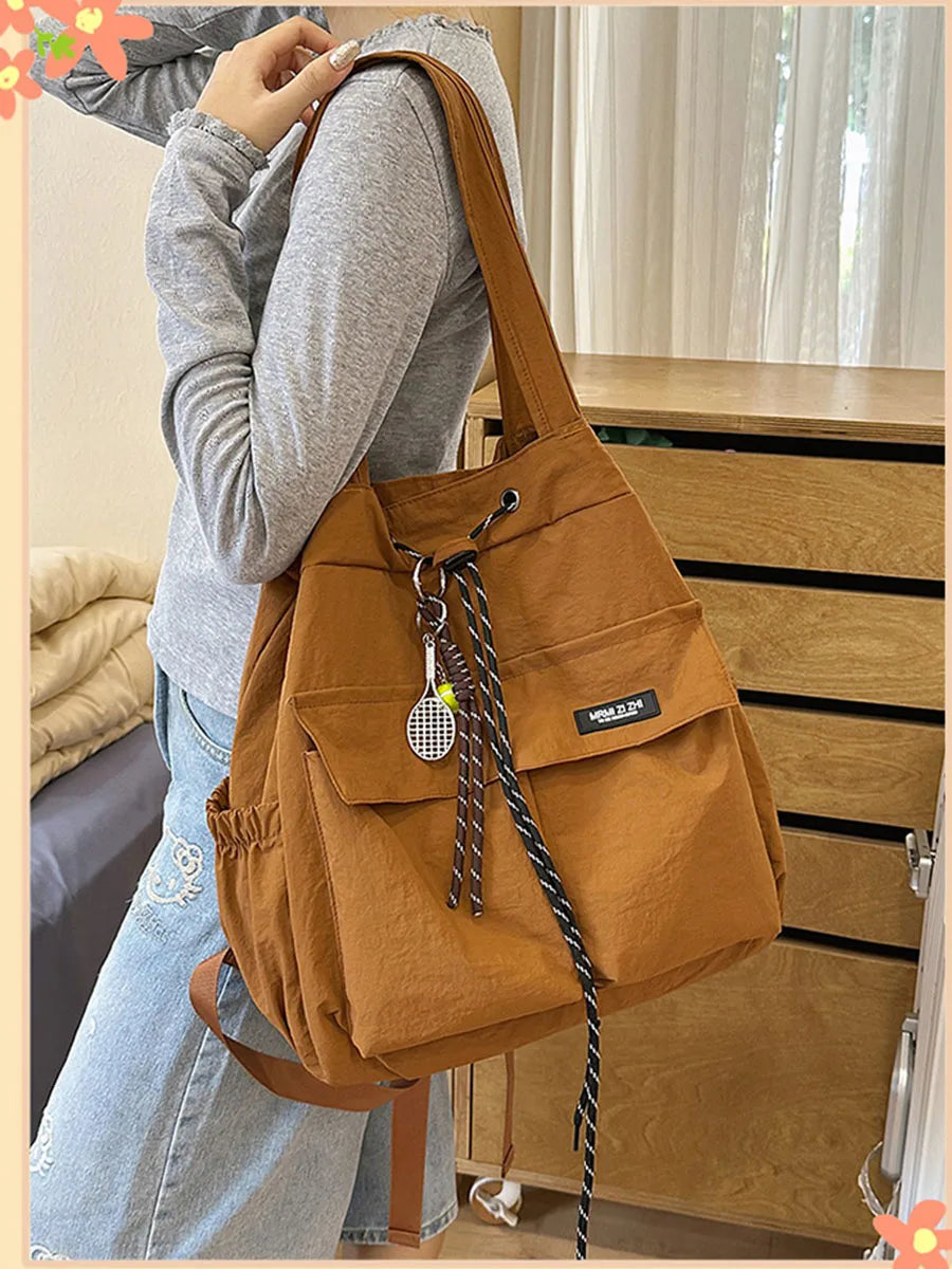 Women 2‑Way Travel Backpack Lightweight Korean Style Casual Shoulder Bag Multifunctional Drawstring Rucksack for College Student