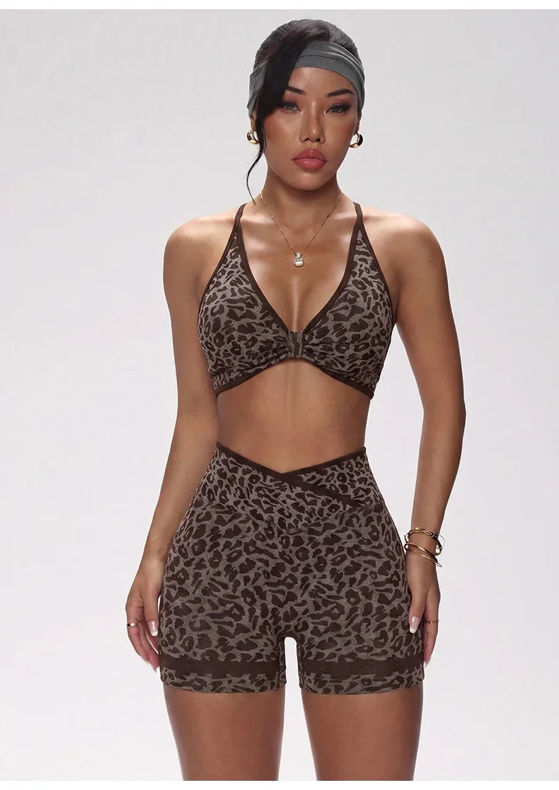 Women Seamless Leopard Print Yoga Outfit Cross Back Sports Bra and Biker Shorts 2 Piece Set Gym Workout Fitness Active Wear